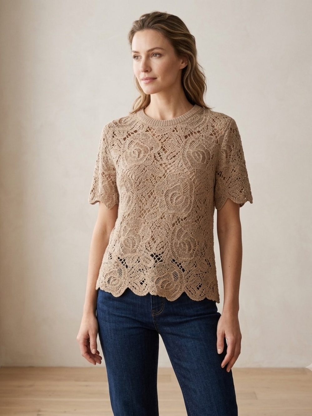Abercrombie & Fitch Crochet Short Sleeve Top, Taupe size small.